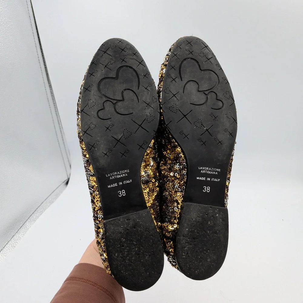Handmade Italian Sequin Flats Gold Silver Loafers Smoking Slippers‎ EU 38 7.5-8